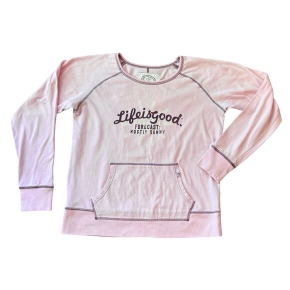 Life is Good Women's Pink “Forecast Mostly Sunny” Raglan Front Pocket Sweatshirt - Picture 1 of 8